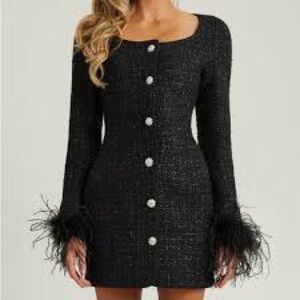 Heiress Beverly Hills Black Tweed Long Sleeve Fur Cuff Mini Dress